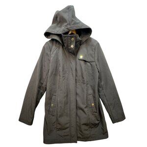 St. Johns Bay Womens Hooded Coat Button & Zipper Closure Medium Black Polyester